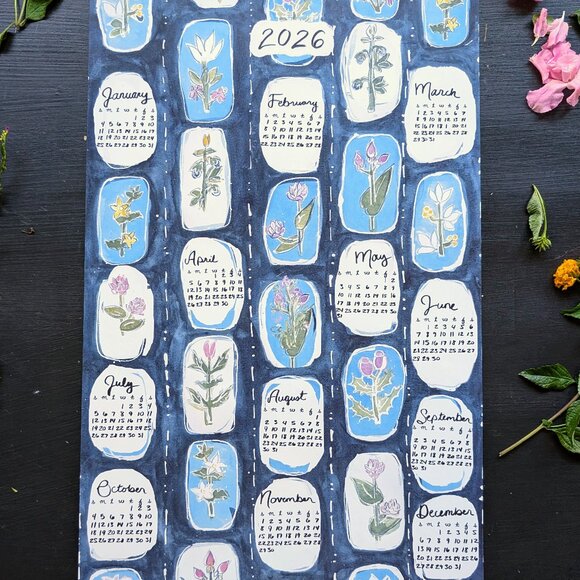 Botanical Indigo Watercolor Calendar 2026: Blue Floral Art Print - Picture 2 of 7
